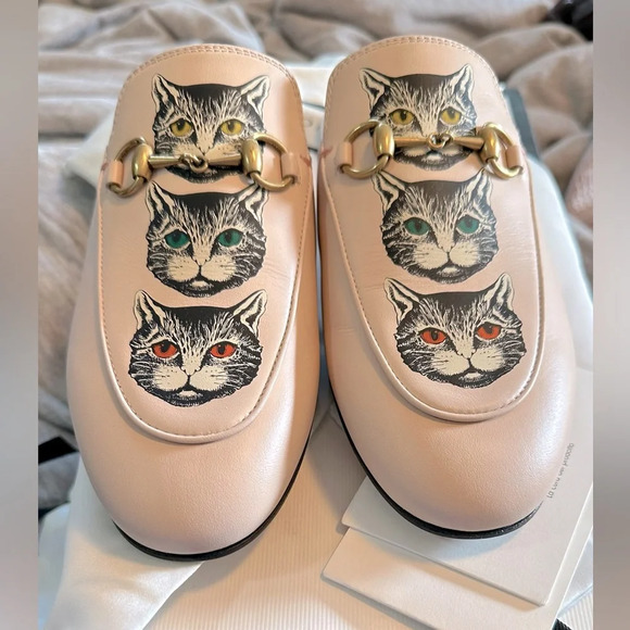 NIB Gucci Pink Leather Mystic Cat Princetown Mules Flats Size 37 - Picture 8 of 12